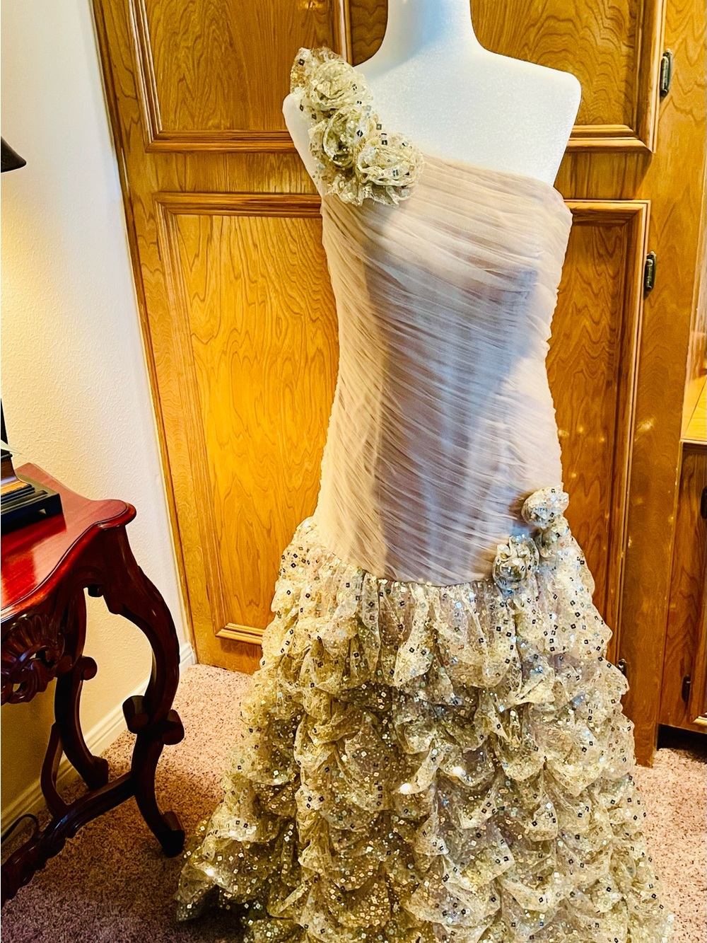 Jovani One-Shoulder Gold Ruffle Gown